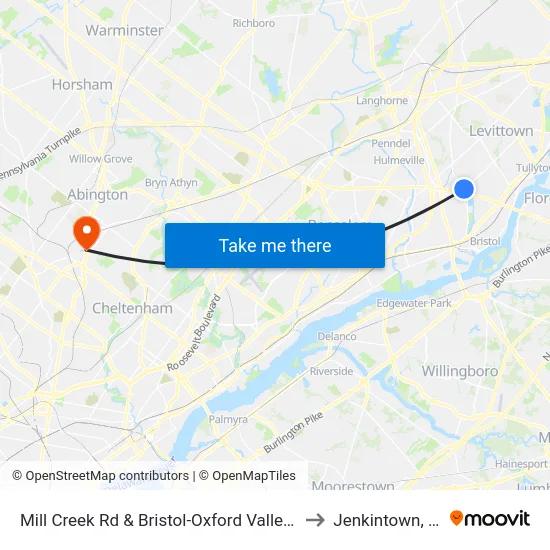 Mill Creek Rd & Bristol-Oxford Valley Rd to Jenkintown, PA map