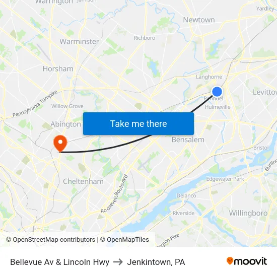 Bellevue Av & Lincoln Hwy to Jenkintown, PA map