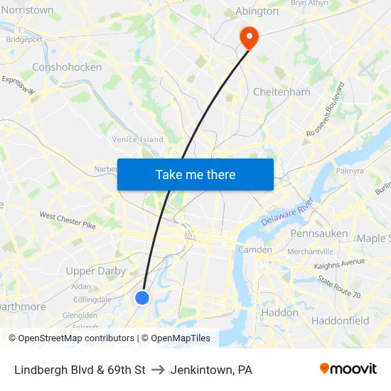 Lindbergh Blvd & 69th St to Jenkintown, PA map