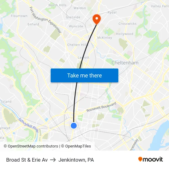 Broad St & Erie Av to Jenkintown, PA map