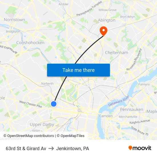 63rd St & Girard Av to Jenkintown, PA map