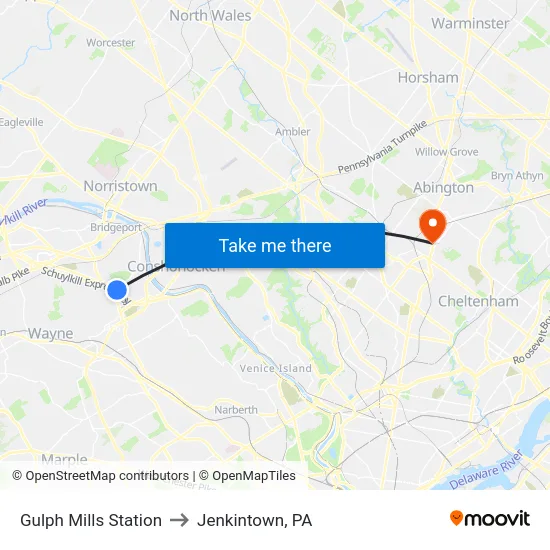 Gulph Mills Station to Jenkintown, PA map