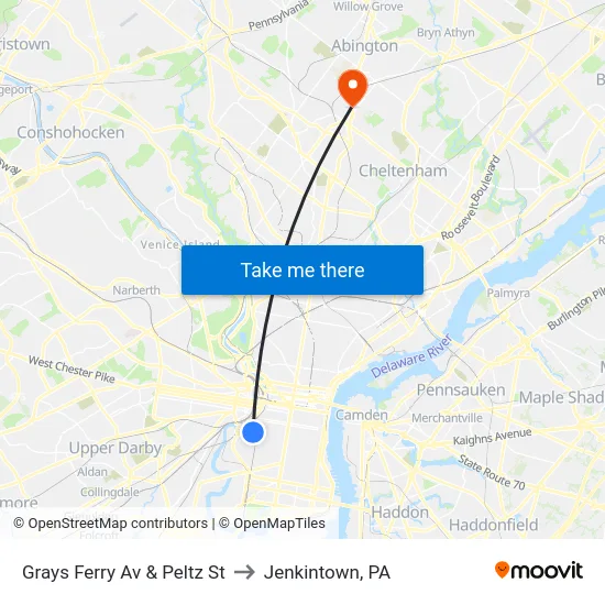 Grays Ferry Av & Peltz St to Jenkintown, PA map