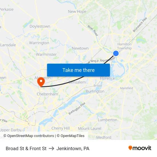 Broad St & Front St to Jenkintown, PA map