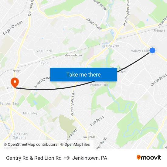 Gantry Rd & Red Lion Rd to Jenkintown, PA map