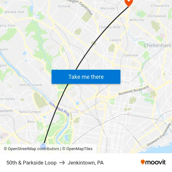 50th & Parkside Loop to Jenkintown, PA map