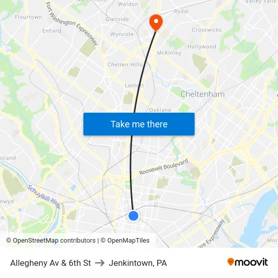 Allegheny Av & 6th St to Jenkintown, PA map