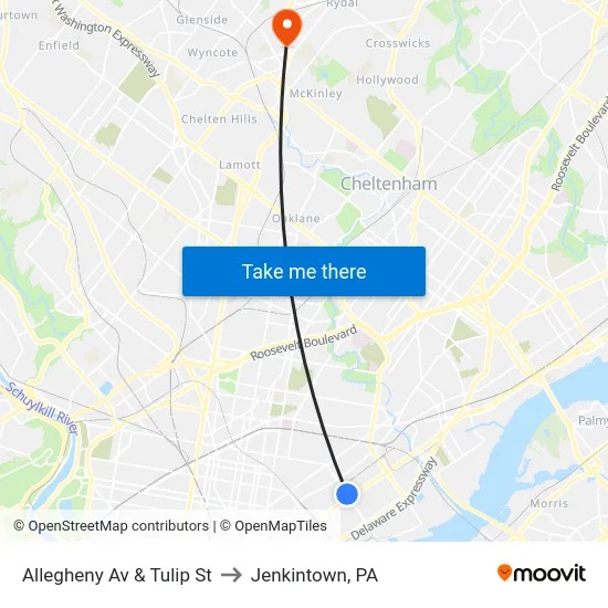 Allegheny Av & Tulip St to Jenkintown, PA map