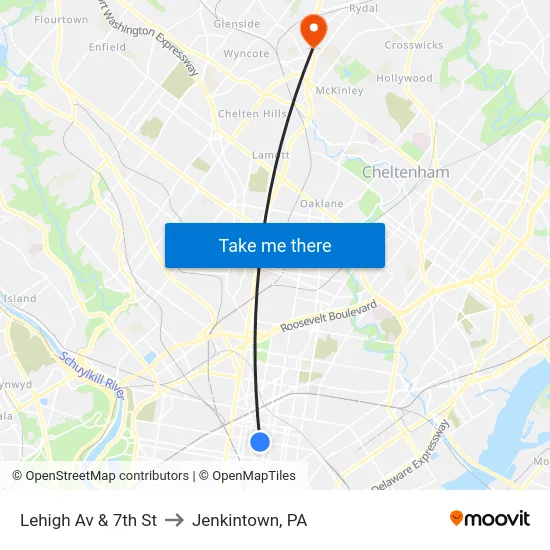 Lehigh Av & 7th St to Jenkintown, PA map