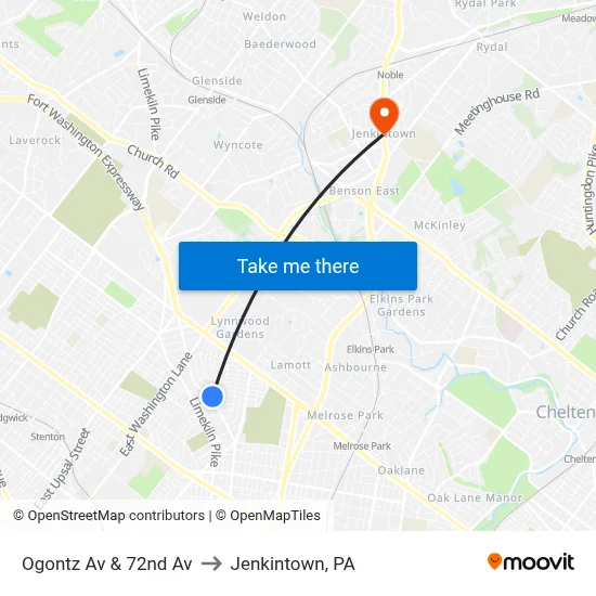 Ogontz Av & 72nd Av to Jenkintown, PA map