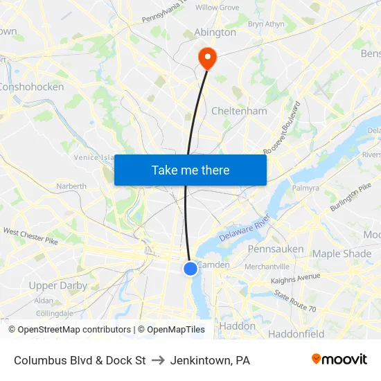 Columbus Blvd & Dock St to Jenkintown, PA map