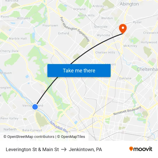 Leverington St & Main St to Jenkintown, PA map
