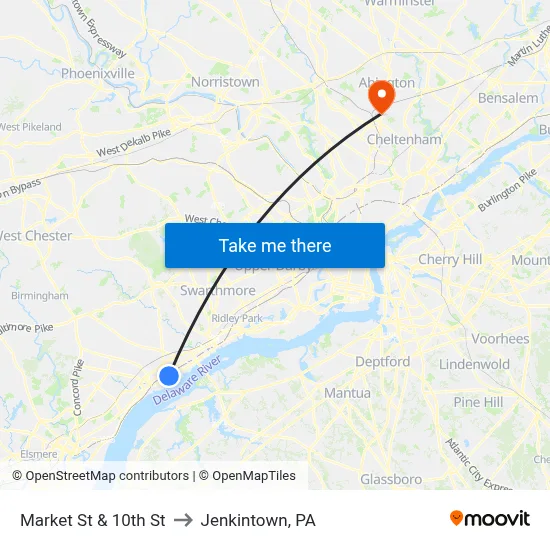 Market St & 10th St to Jenkintown, PA map