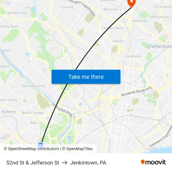 52nd St & Jefferson St to Jenkintown, PA map