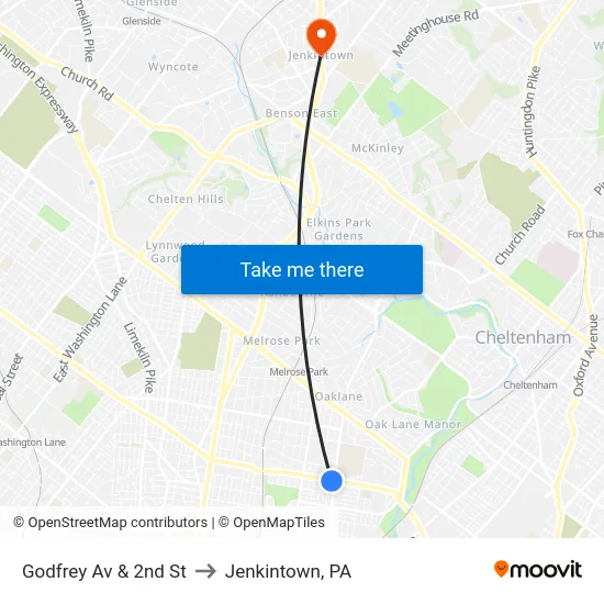 Godfrey Av & 2nd St to Jenkintown, PA map