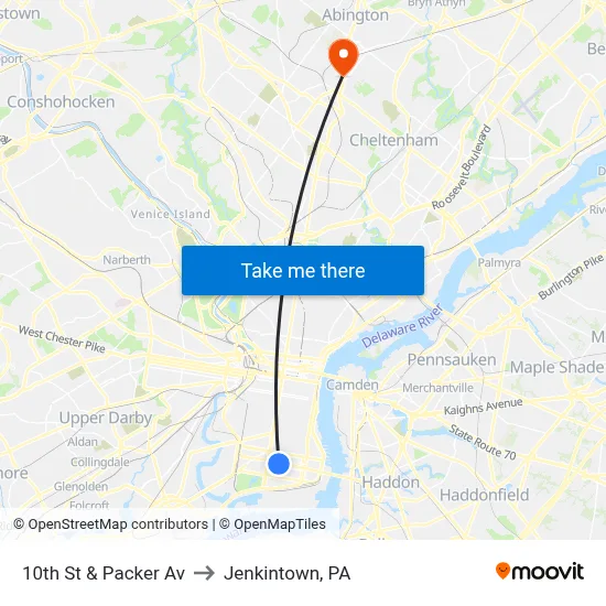 10th St & Packer Av to Jenkintown, PA map