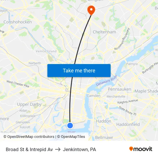 Broad St & Intrepid Av to Jenkintown, PA map