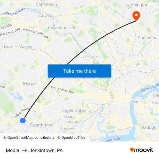 Media to Jenkintown, PA map