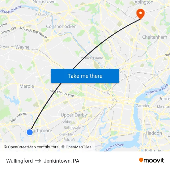 Wallingford to Jenkintown, PA map