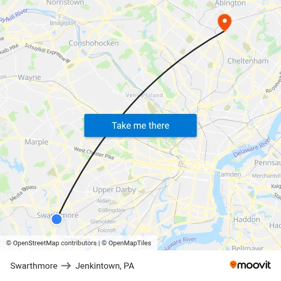 Swarthmore to Jenkintown, PA map