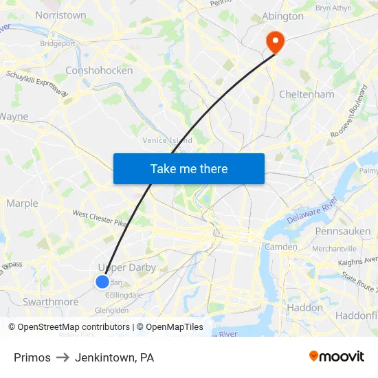 Primos to Jenkintown, PA map