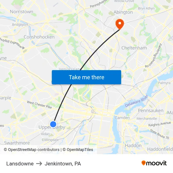 Lansdowne to Jenkintown, PA map