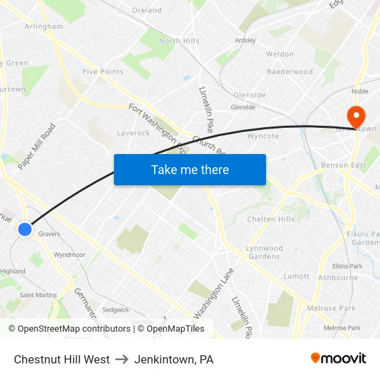 Chestnut Hill West to Jenkintown, PA map