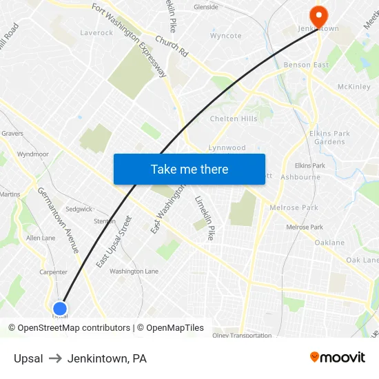 Upsal to Jenkintown, PA map