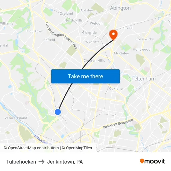Tulpehocken to Jenkintown, PA map