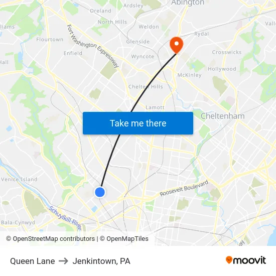 Queen Lane to Jenkintown, PA map