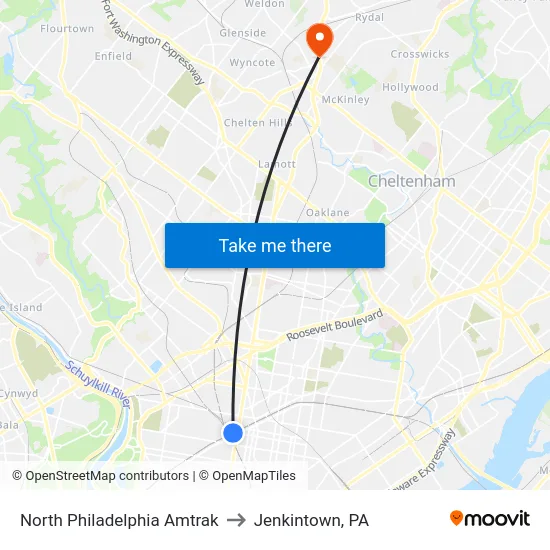 North Philadelphia Amtrak to Jenkintown, PA map