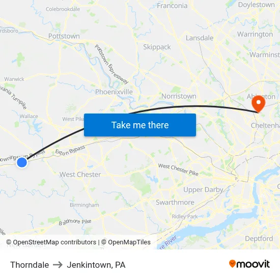 Thorndale to Jenkintown, PA map