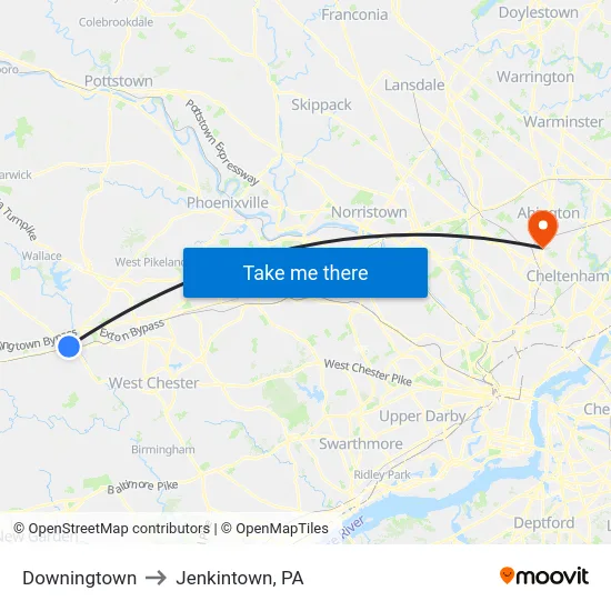 Downingtown to Jenkintown, PA map