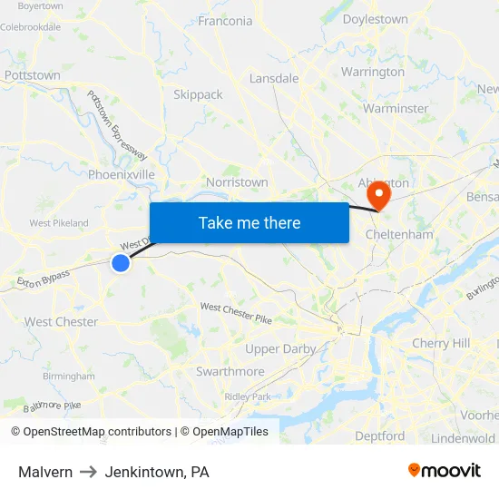 Malvern to Jenkintown, PA map