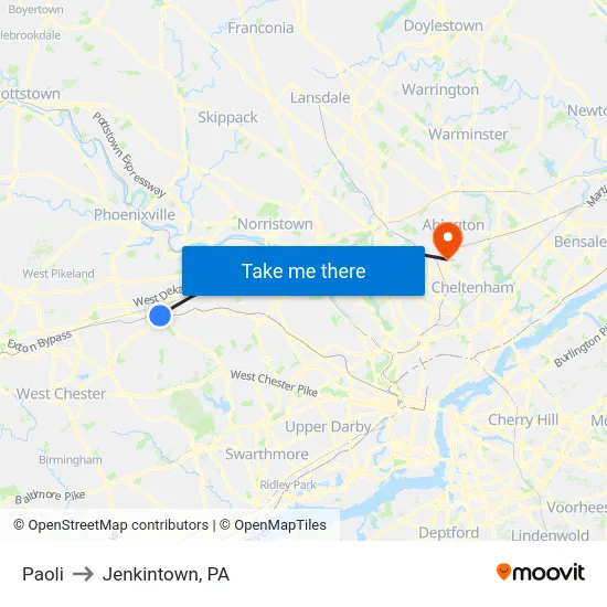 Paoli to Jenkintown, PA map