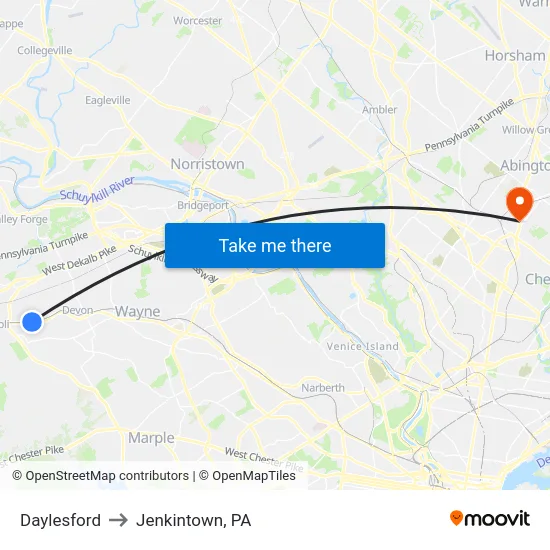 Daylesford to Jenkintown, PA map