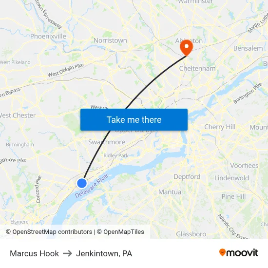 Marcus Hook to Jenkintown, PA map