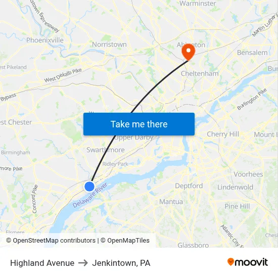 Highland Avenue to Jenkintown, PA map