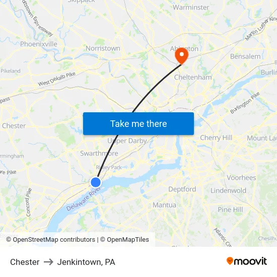 Chester to Jenkintown, PA map