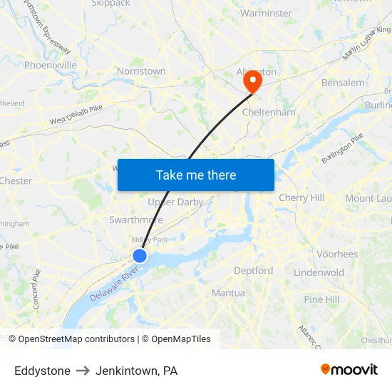 Eddystone to Jenkintown, PA map
