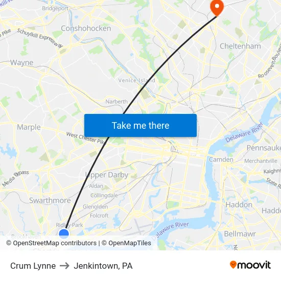 Crum Lynne to Jenkintown, PA map