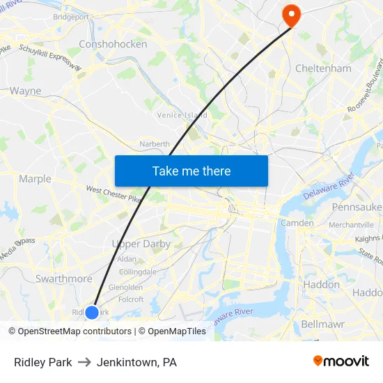 Ridley Park to Jenkintown, PA map