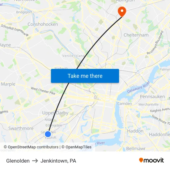 Glenolden to Jenkintown, PA map