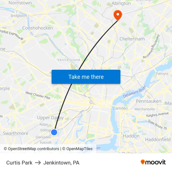 Curtis Park to Jenkintown, PA map