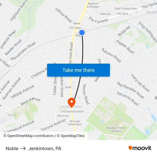 Noble to Jenkintown, PA map