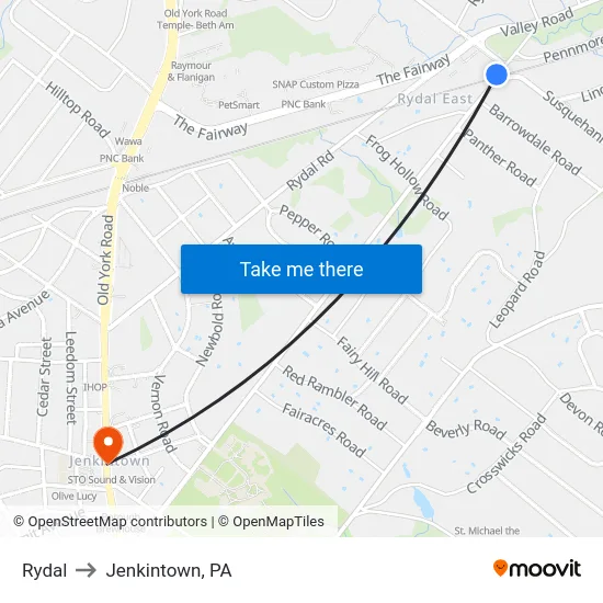 Rydal to Jenkintown, PA map