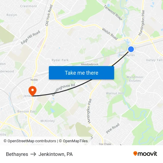 Bethayres to Jenkintown, PA map