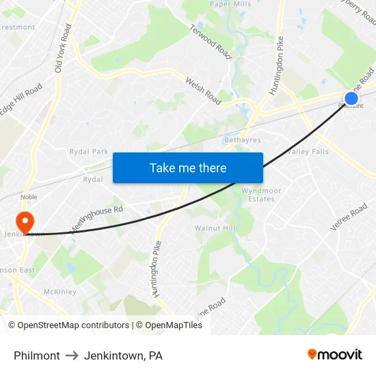 Philmont to Jenkintown, PA map