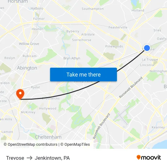 Trevose to Jenkintown, PA map