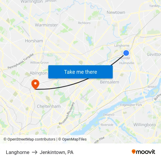 Langhorne to Jenkintown, PA map